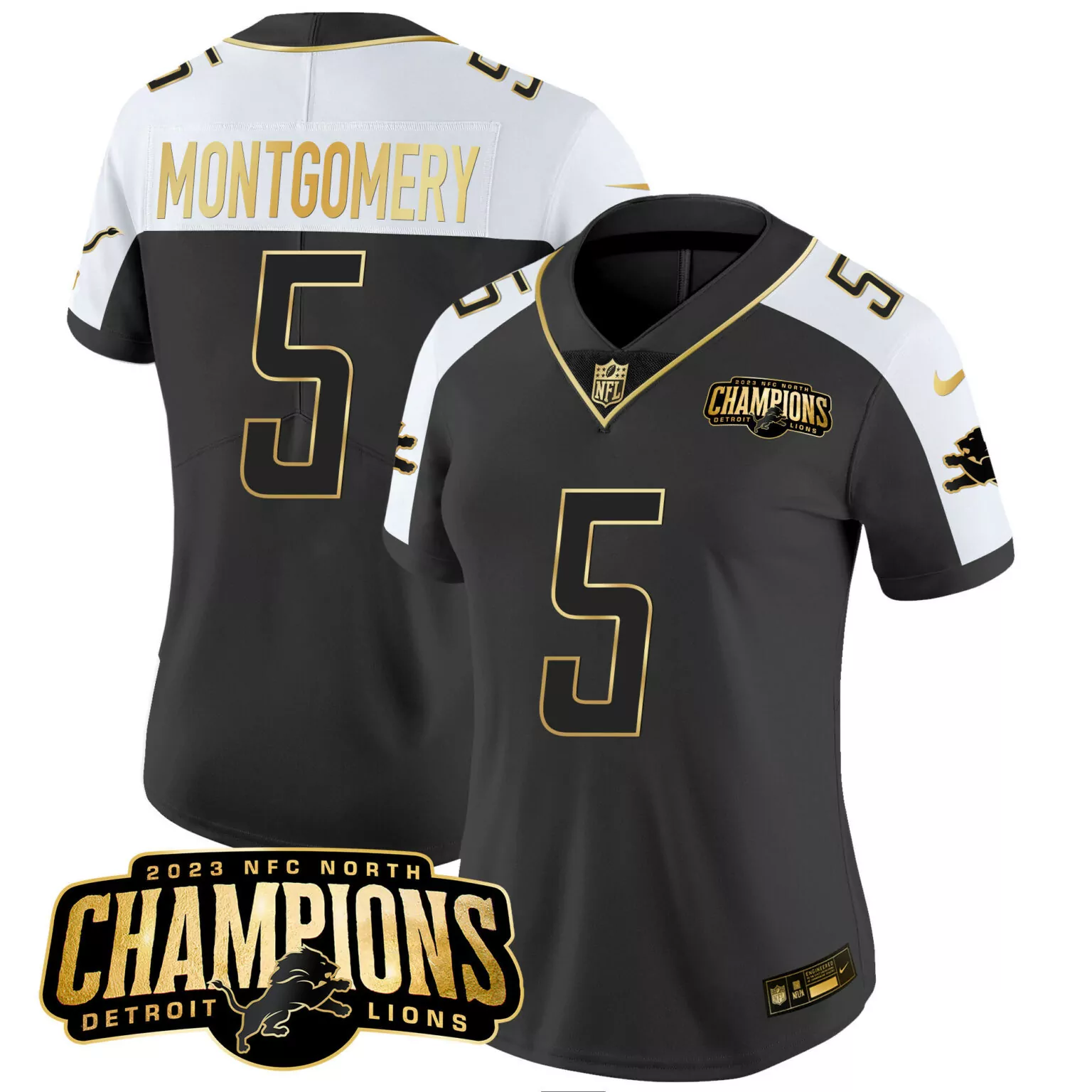 David Montgomery 5 Detroit Lions Jersey Black 2023 NFC North Champions Men Alternate