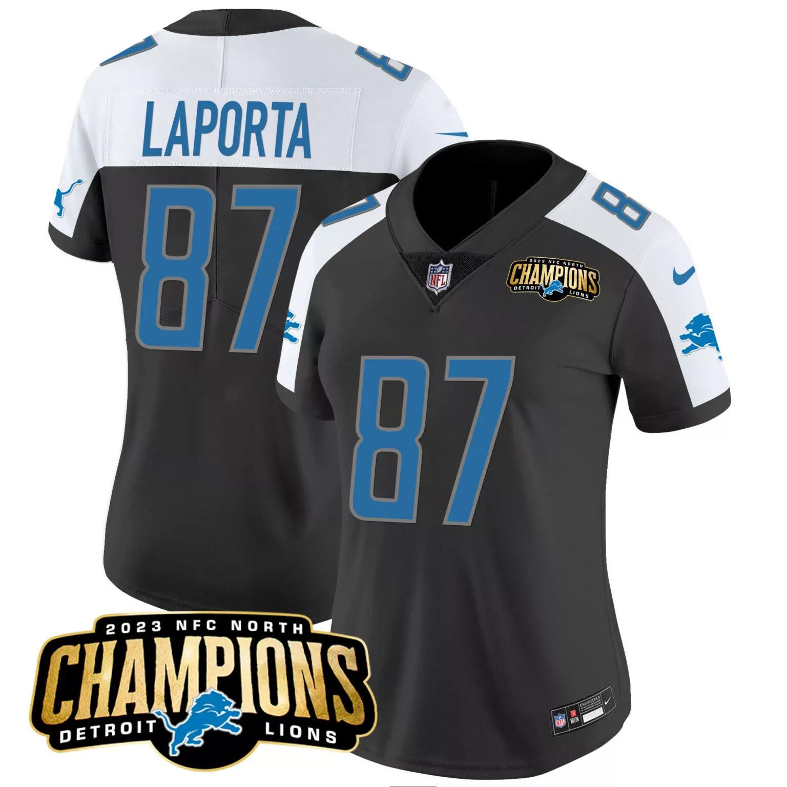 Sam Laporta 87 Detroit Lions Jersey Black 2023 NFC North Champions Men Player Alternate