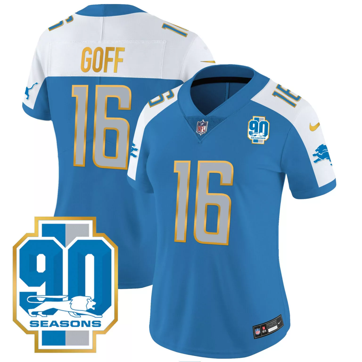 Jared Goff 16 Lions Jersey Blue 90 Seasons Men Replica White Silver Gold Alternate