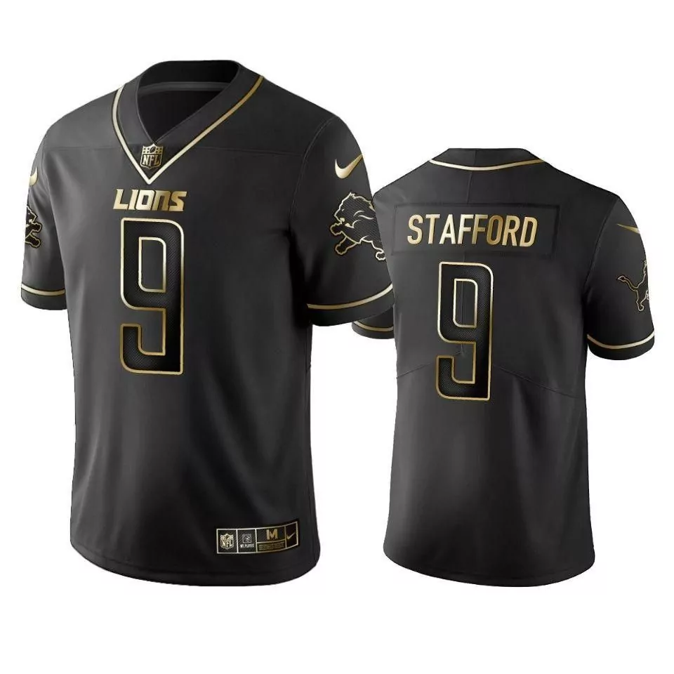 Matthew Stafford 9 Lions Jersey Black Men Replica Gold Vapor Limited