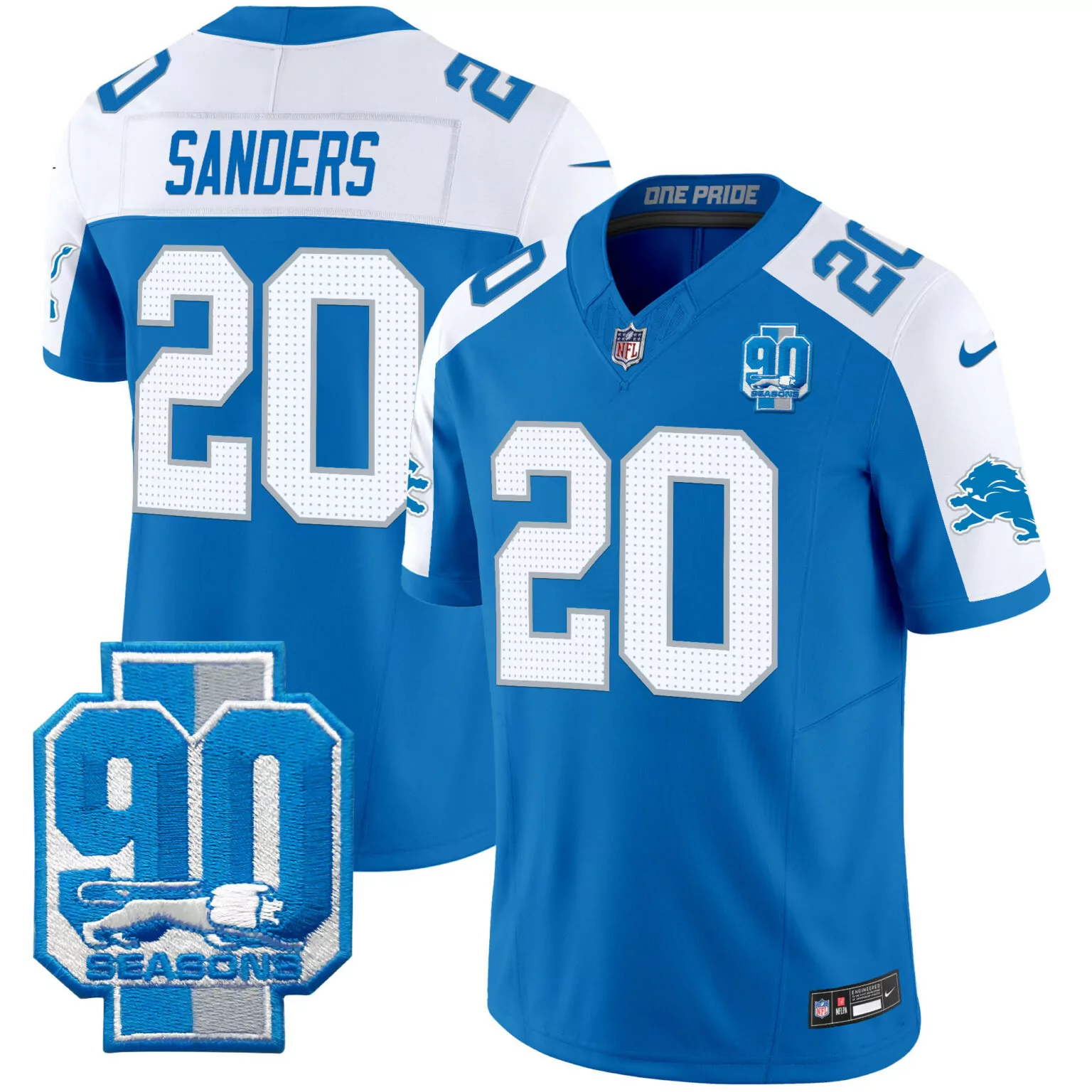 Barry Sanders 20 Detroit Lions Jersey Blue 90th Season Men Authentic White Silver
