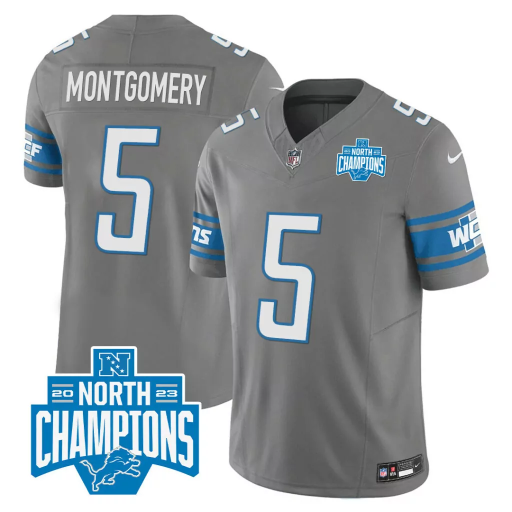 David Montgomery 5 Lions Jersey Gray 2023 North Champions Men Blue White All Stitched