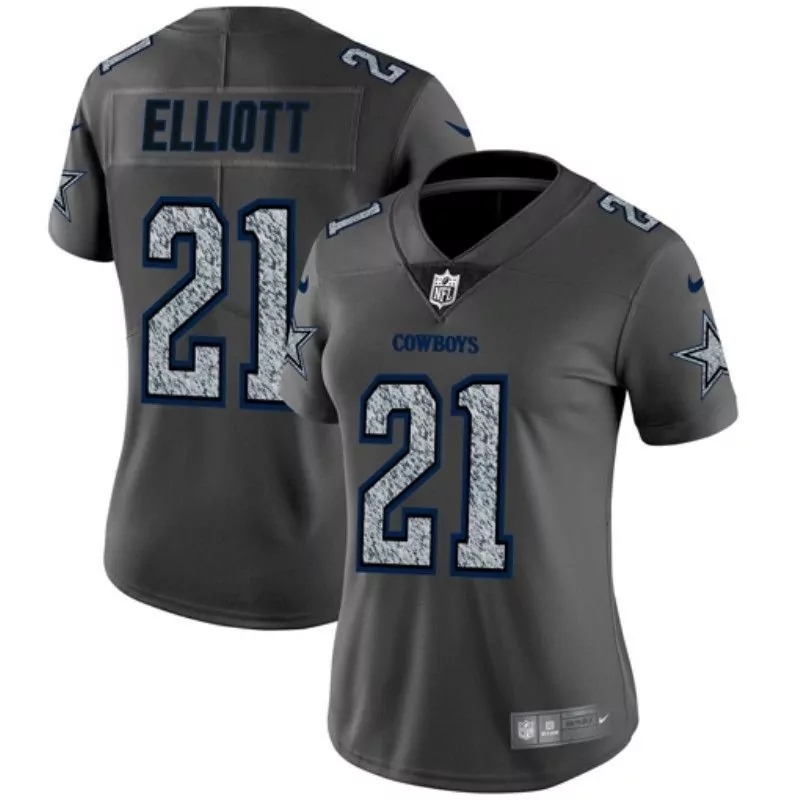 Ezekiel Elliott 21 Cowboys Jersey Gray Women NFL Navy Blue Limited