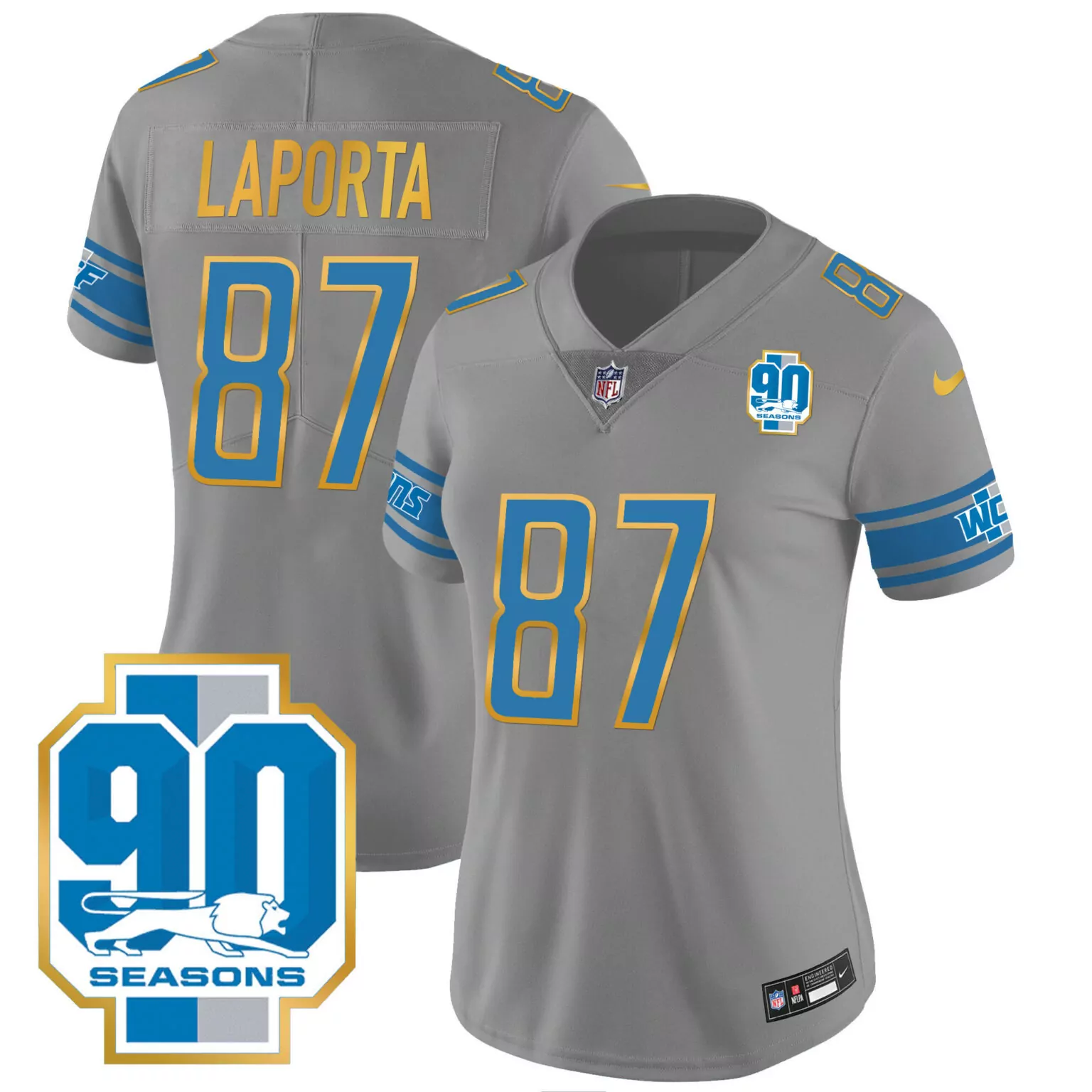 Sam Laporta 87 Detroit Lions Jersey Gray 90 Seasons 2023 Women NFL Alternate Blue