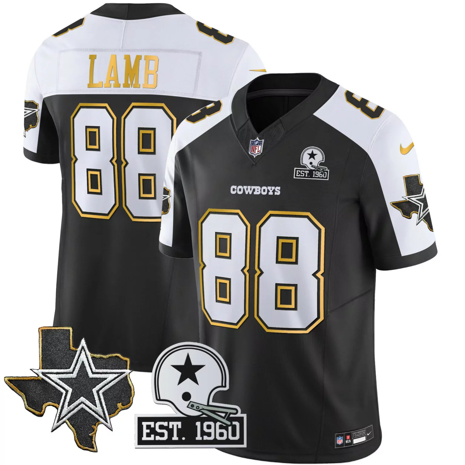 Ceedee Lamb 88 Cowboys Jersey Black Texas Star Helmet Men NFL Alternate White Gold