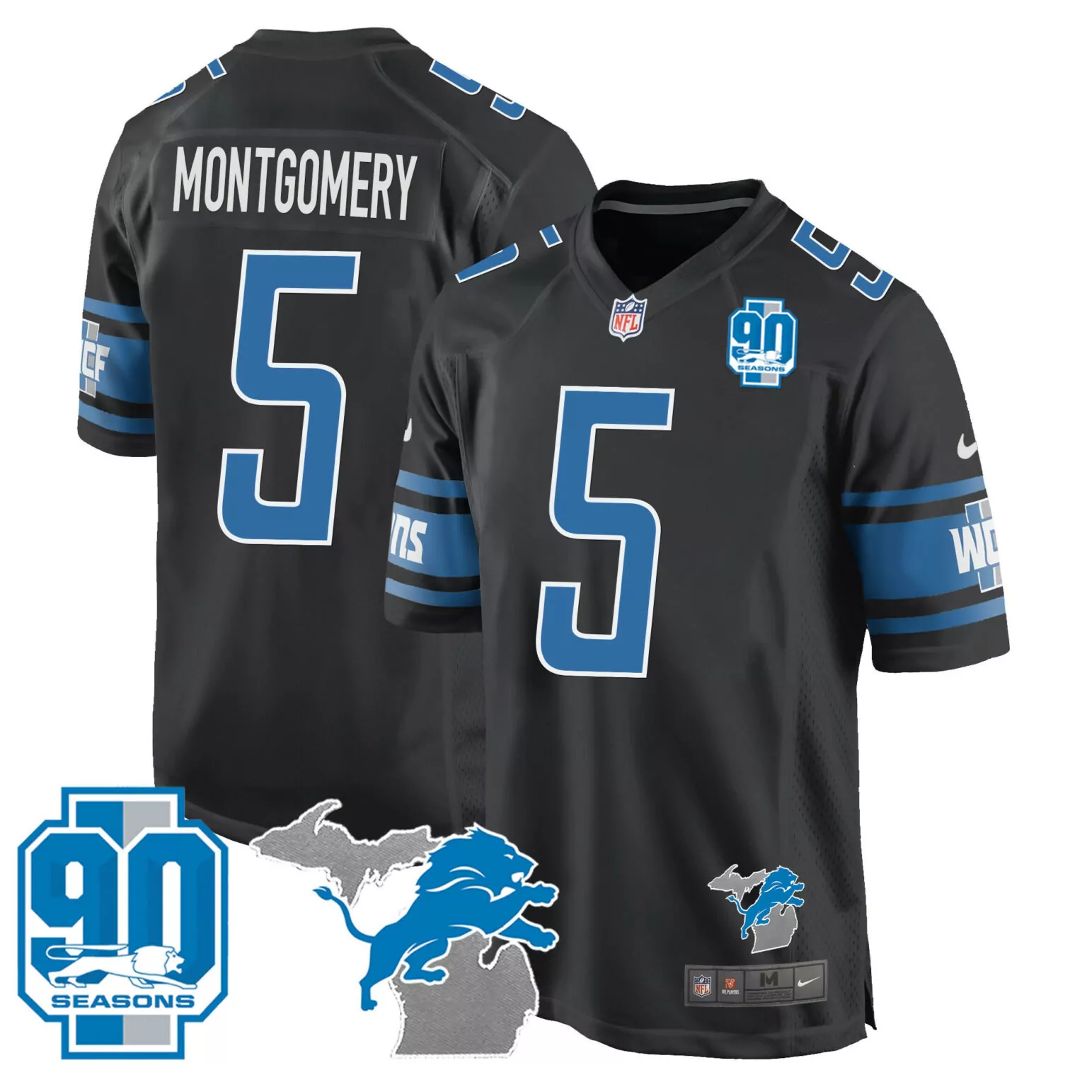 David Montgomery 5 Lions Jersey Black 90 Seasons Men Blue Game All Stitched