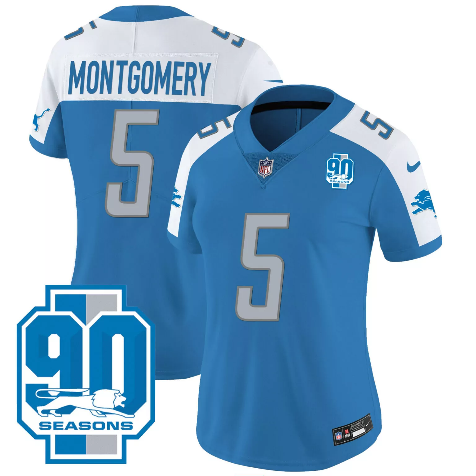 David Montgomery 5 Lions Jersey Blue 90 Seasons Men Replica White Silver Alternate