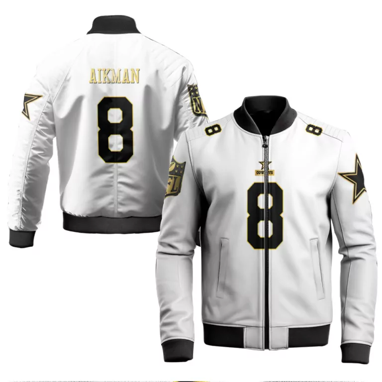 Troy Aikman 8 Dallas Cowboys Jersey White Men Bomber Jacket Black Gold Throwback