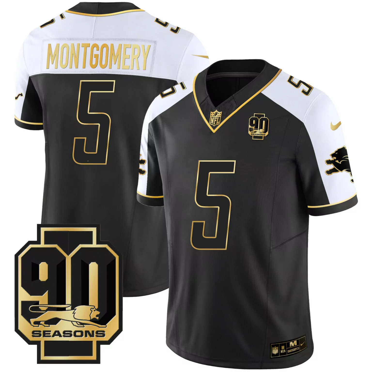 David Montgomery 5 Detroit Lions Jersey Black 90 Seasons Men Alternate White Gold