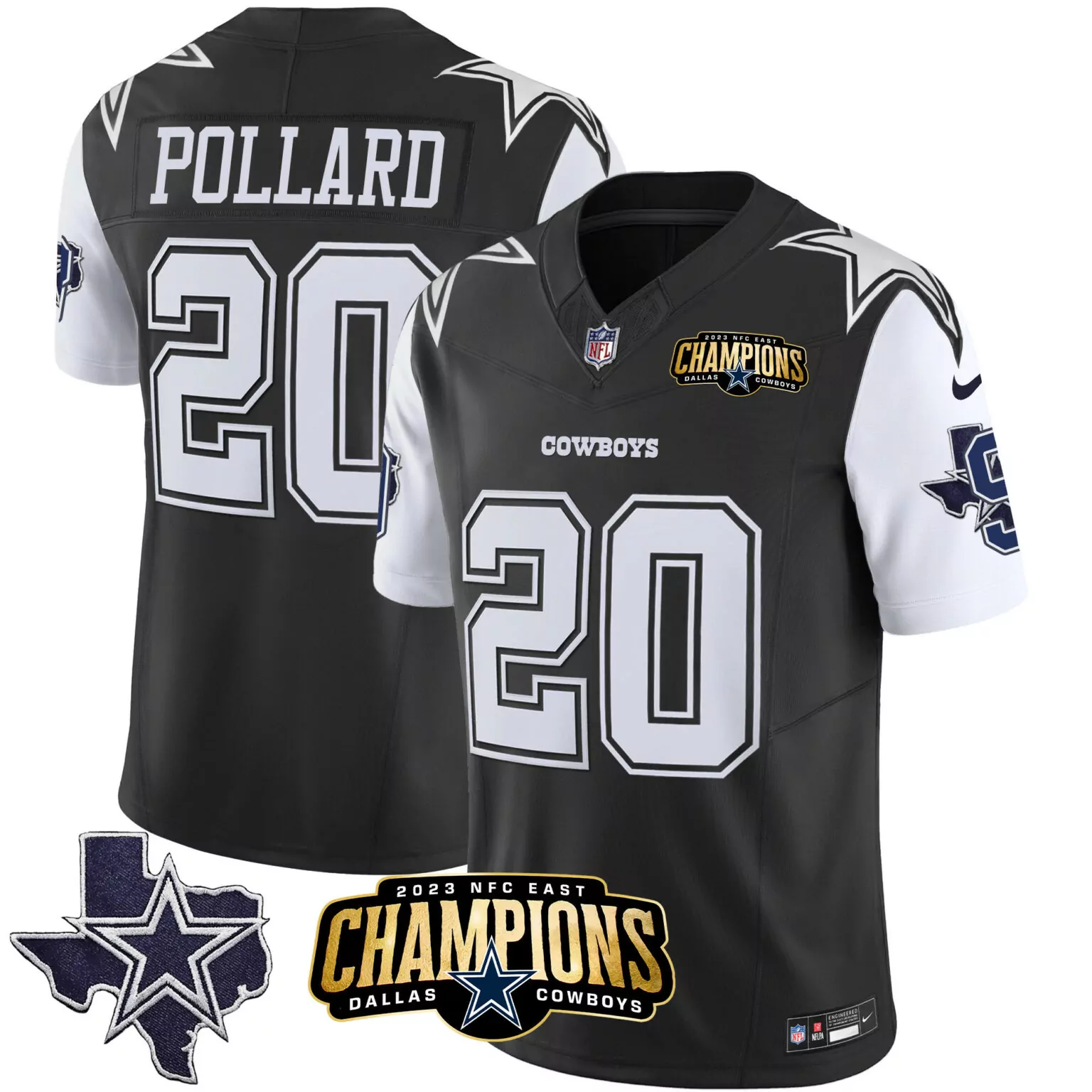 Tony Pollard 20 Cowboys Jersey Black 2023 NFC East Champions Men Replica White All