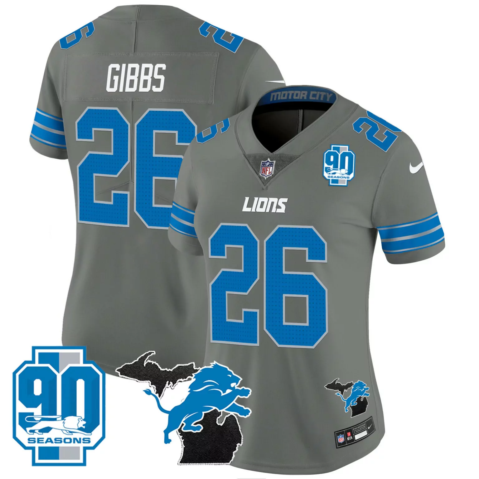 Jahmyr Gibbs 26 Lions Jersey Gray 90 Seasons Men Replica Blue All Stitched