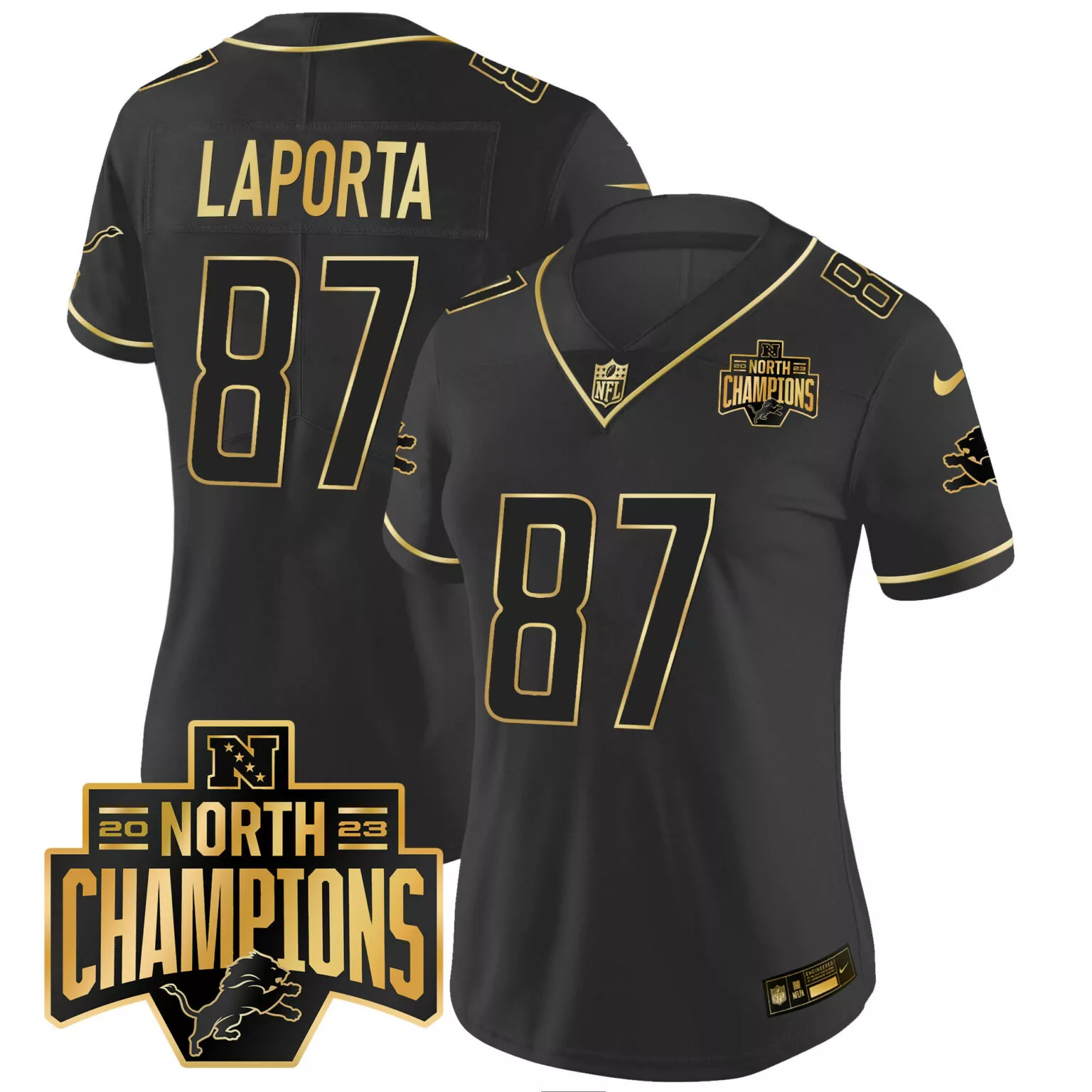 Sam Laporta 87 Detroit Lions Jersey Black 2023 North Champions Men Gold Vapor All