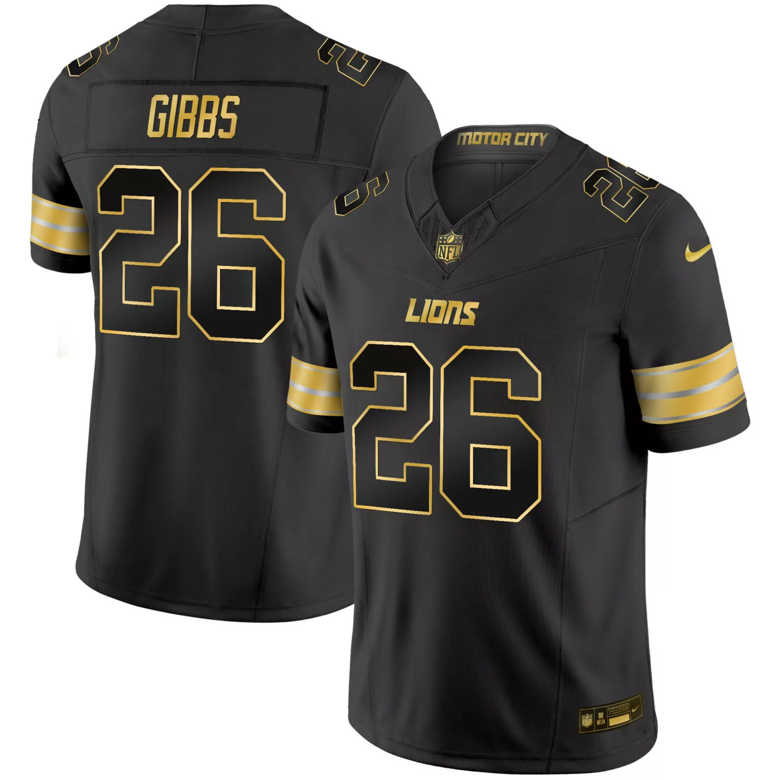 Jahmyr Gibbs 26 Lions Jersey Black Motor City Men Gold White All Stitched