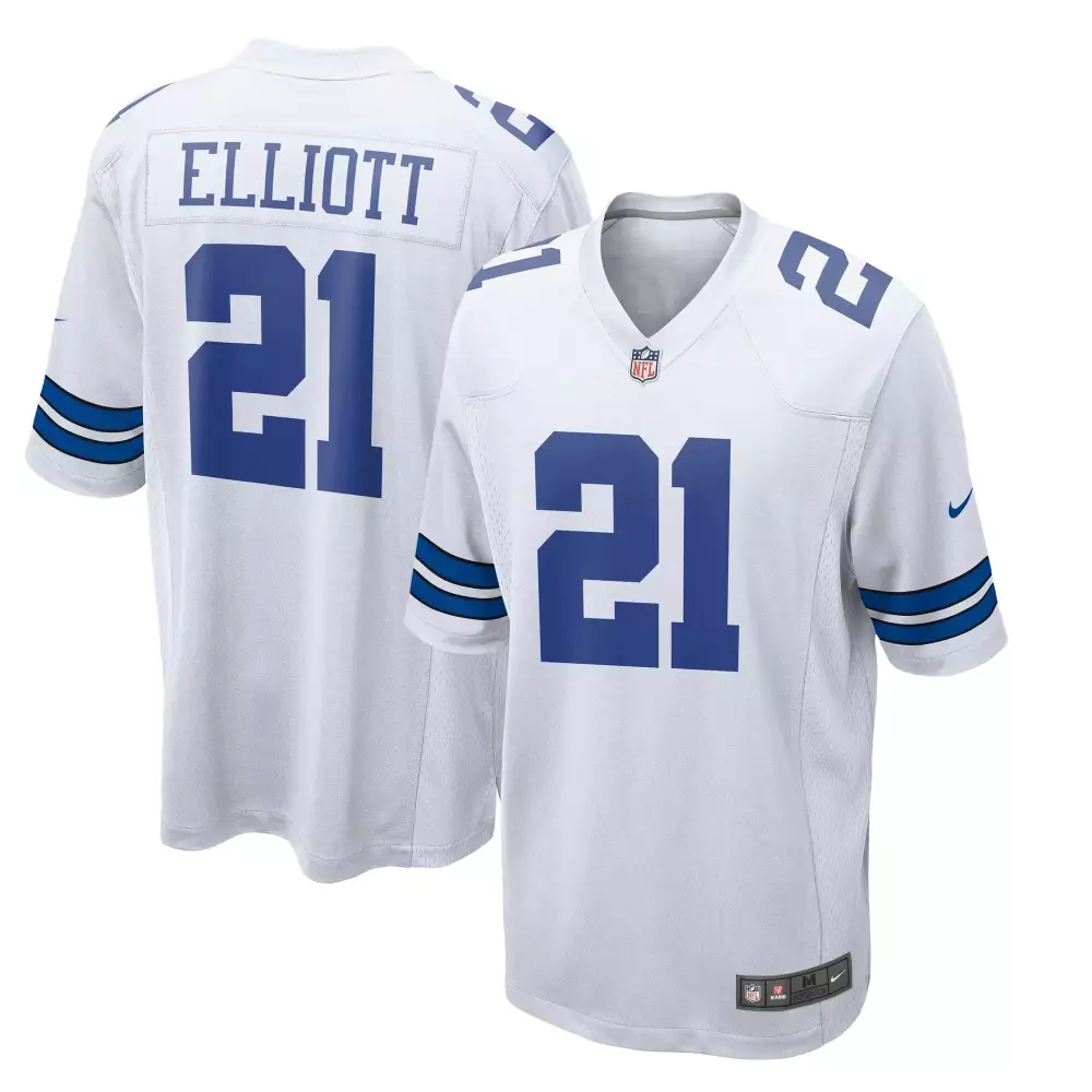 Ezekiel Elliott 21 Dallas Cowboys Jersey White Men Royal Blue Silver Game