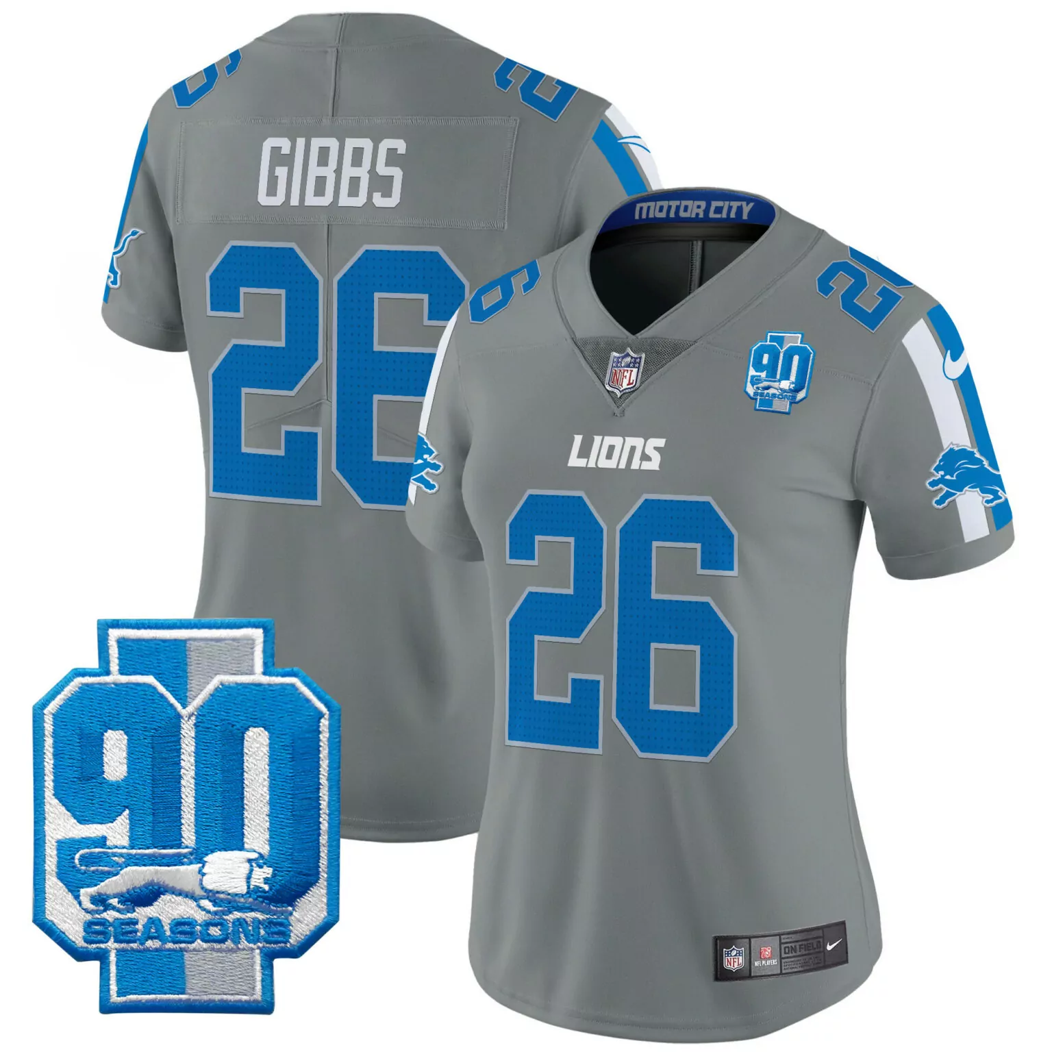 Jahmyr Gibbs 26 Lions Jersey Gray 90 Seasons Men Nike Blue White All Stitched