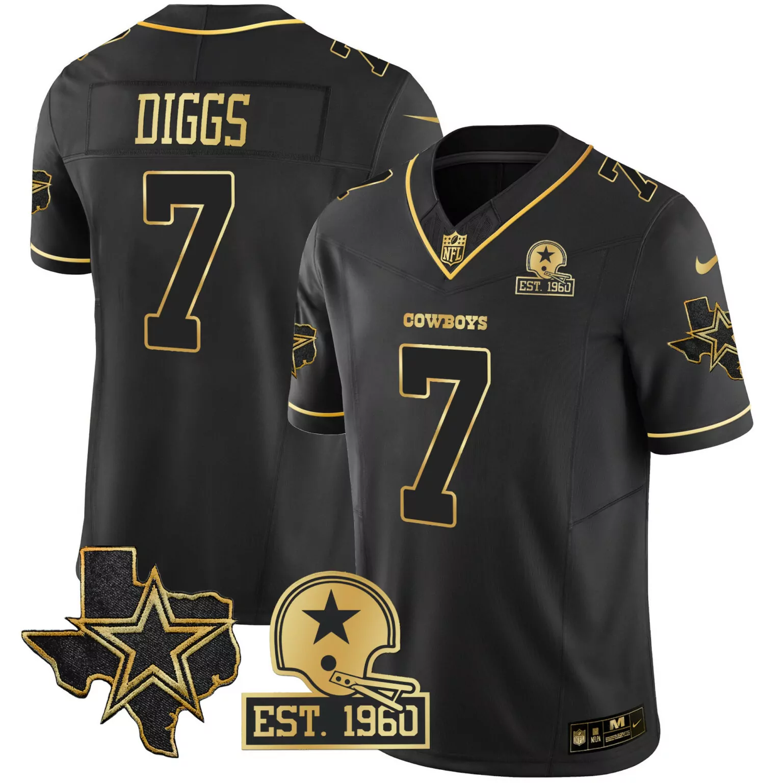 Trevon Diggs 7 Cowboys Jersey Black Est. 1960 Texas Star Helmet Men Gold All Stitched