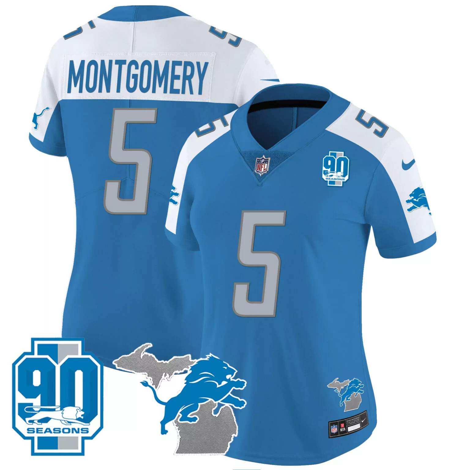David Montgomery 5 Detroit Lions Jersey Blue 90 Seasons Men Nike White Grey Alternate
