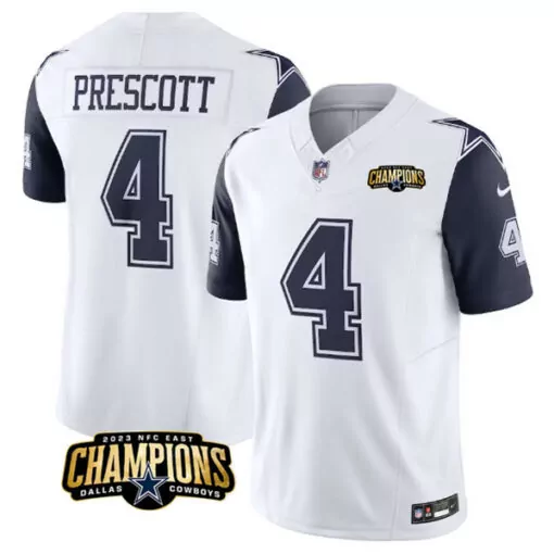 Dak Prescott 4 Dallas Cowboys Jersey White 2023 NFC East Champions Men Navy Blue