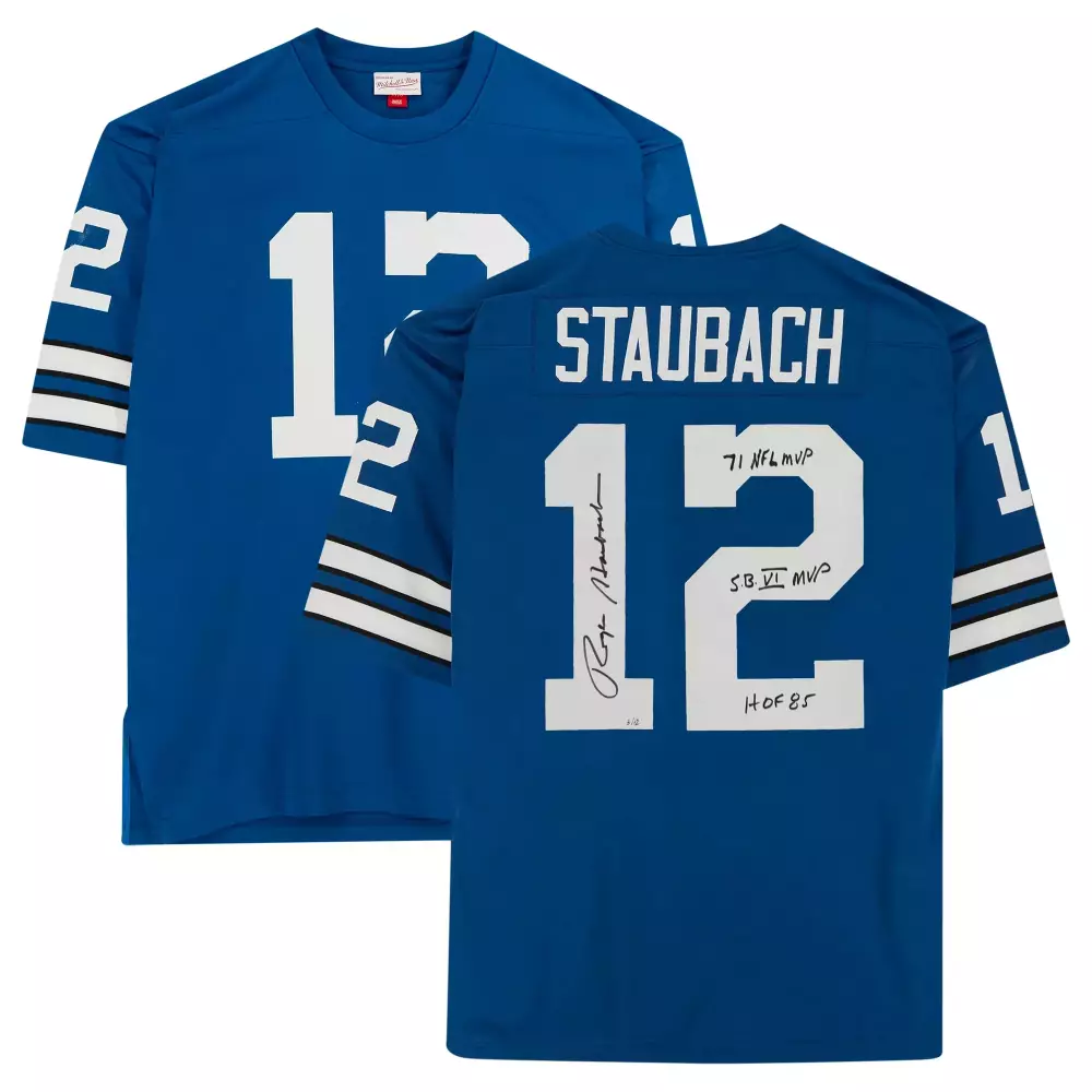 Roger Staubach 12 Cowboys Jersey Blue Autographed 71 Mvp Sb Vi 1985 Men Player White