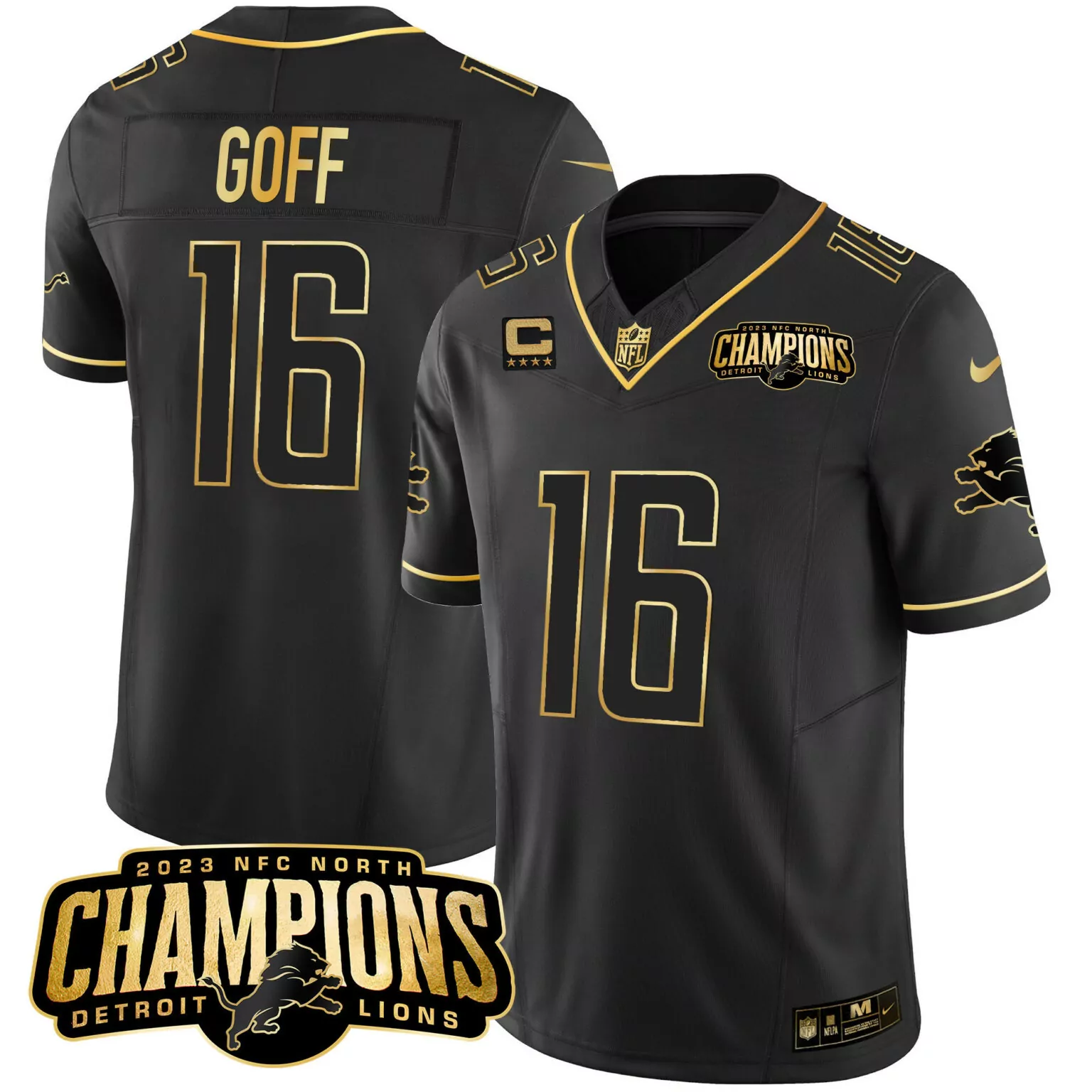 Jared Goff 16 Detroit Lions Jersey Black 2023 NFC North Champions Men Player Gold