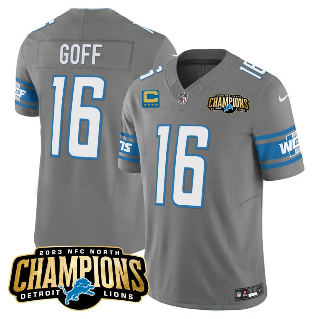 Jared Goff 16 Detroit Lions Jersey Gray 2023 NFC North Champions Men Blue White All