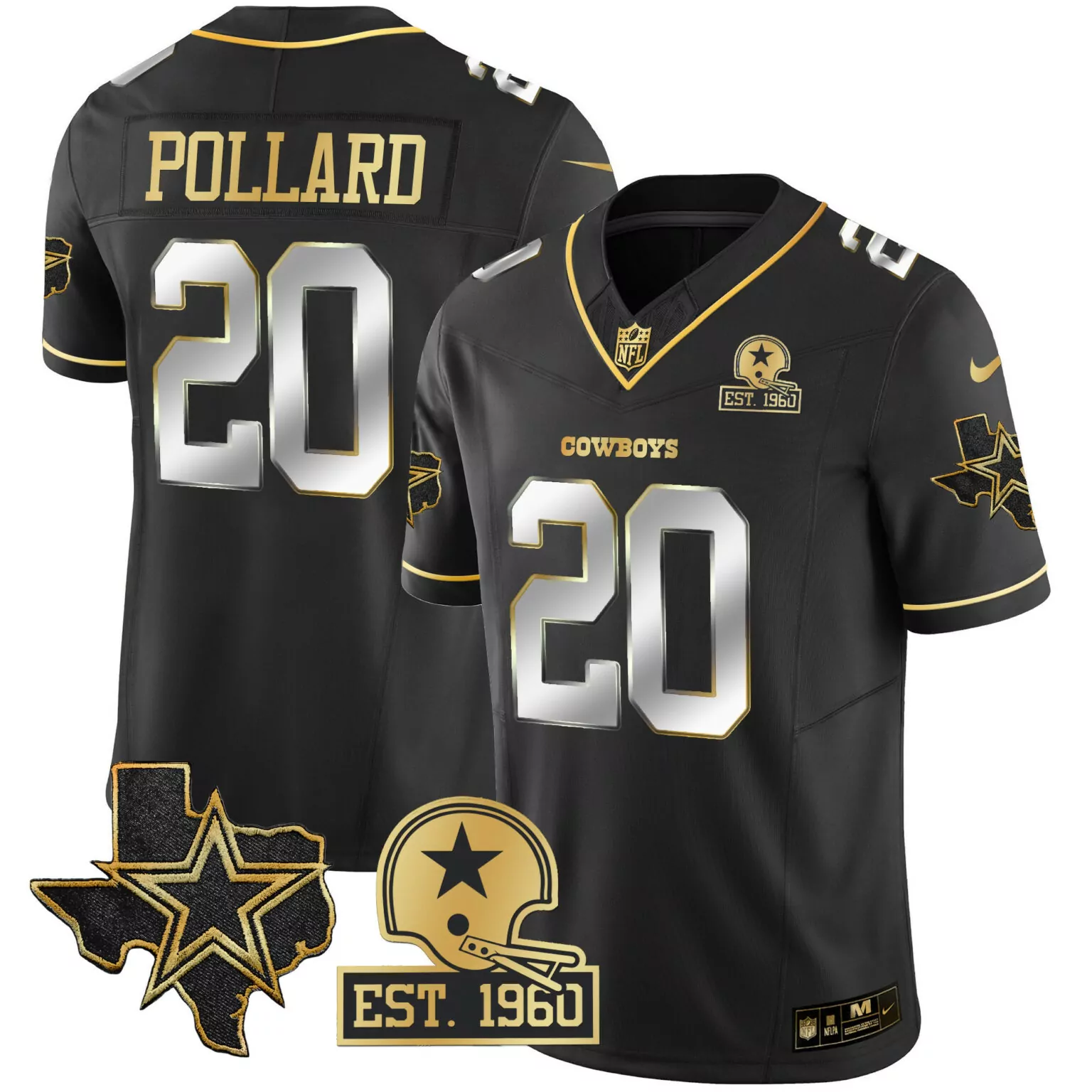 Tony Pollard 20 Cowboys Jersey Black Color Rush Texas Star Men Authentic Gold Silver