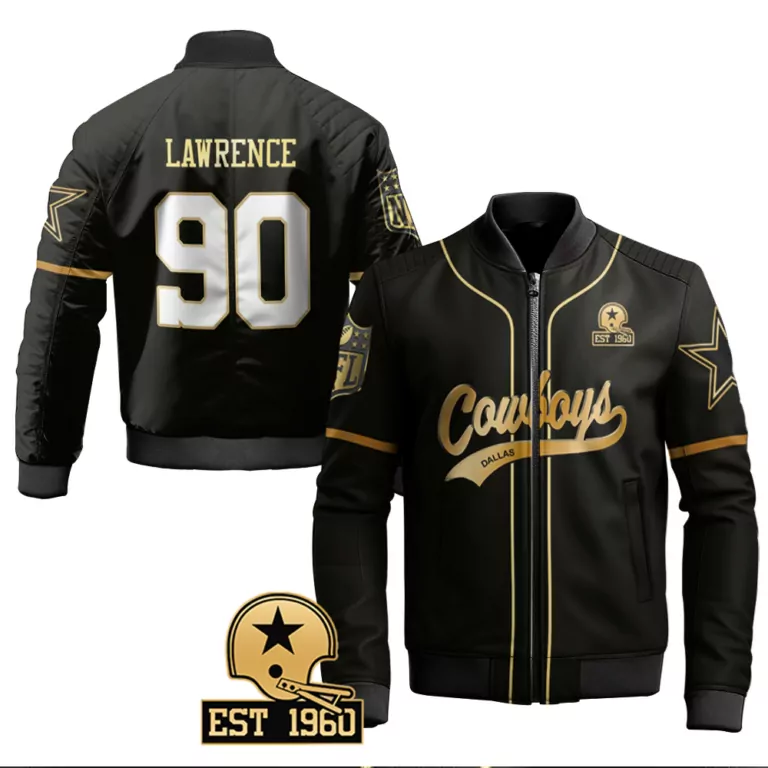 Demarcus Lawrence 90 Jersey Black Est 1960 Dallas Cowboys Men Bomber Jacket Gold