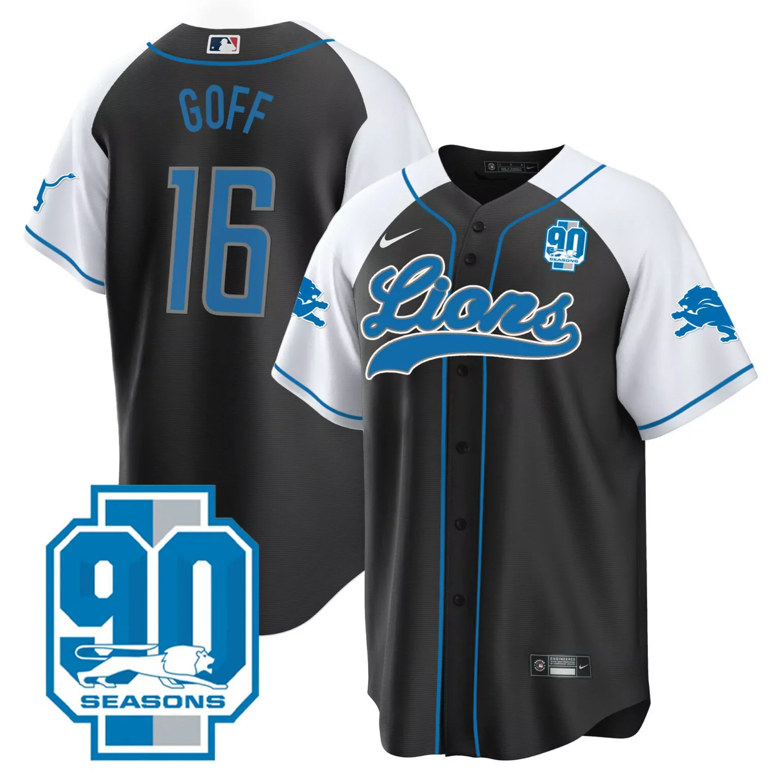 Jared Goff 16 Lions Jersey Black 90 Seasons Men Split Design White Blue Alternate
