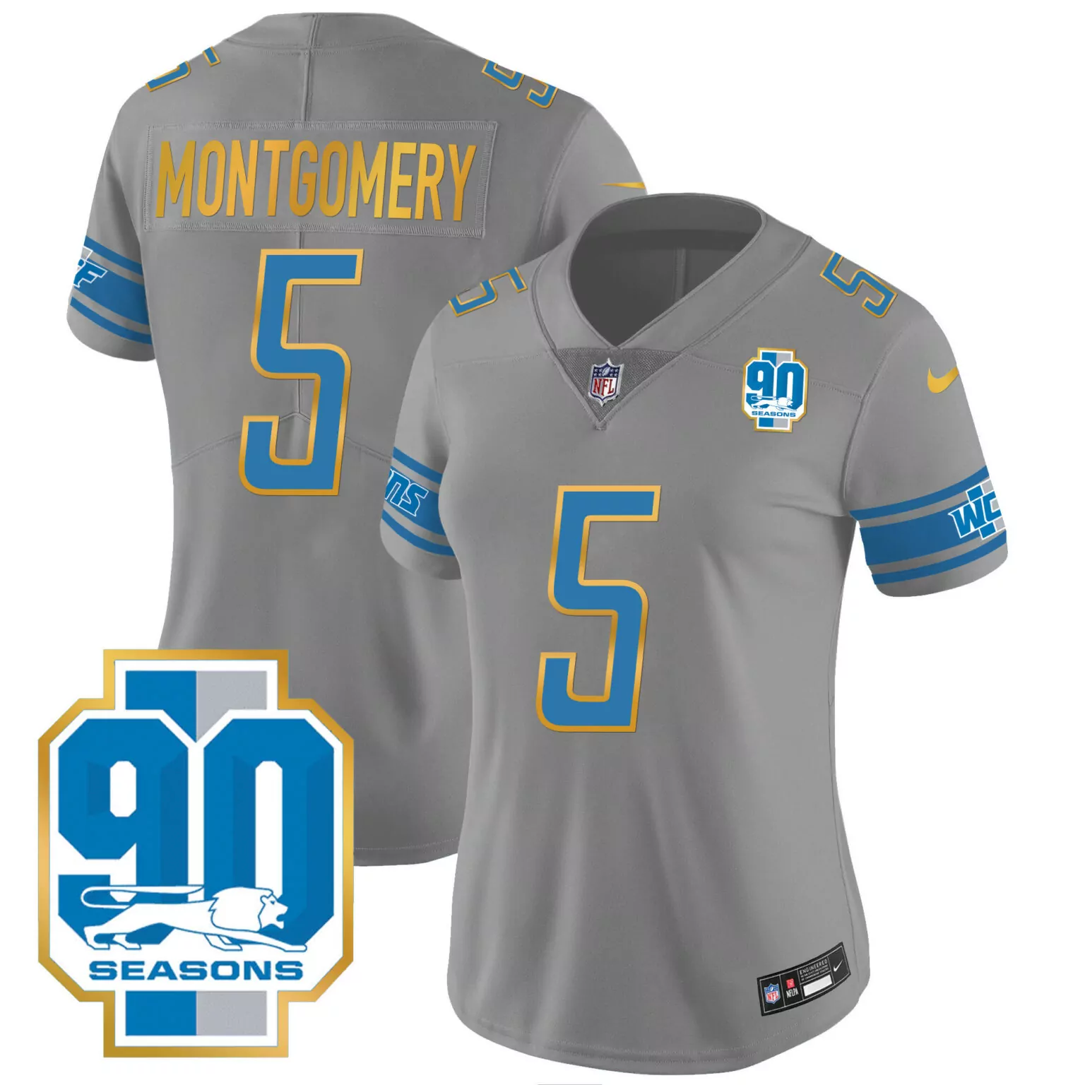 David Montgomery 5 Lions Jersey Gray 90 Seasons Women Blue Gold All Stitched