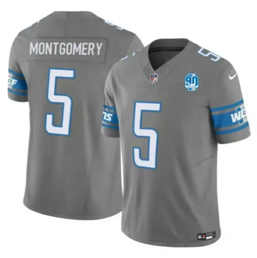 David Montgomery 5 Detroit Lions Jersey Gray 90th Anniversary Men Blue White Vapor