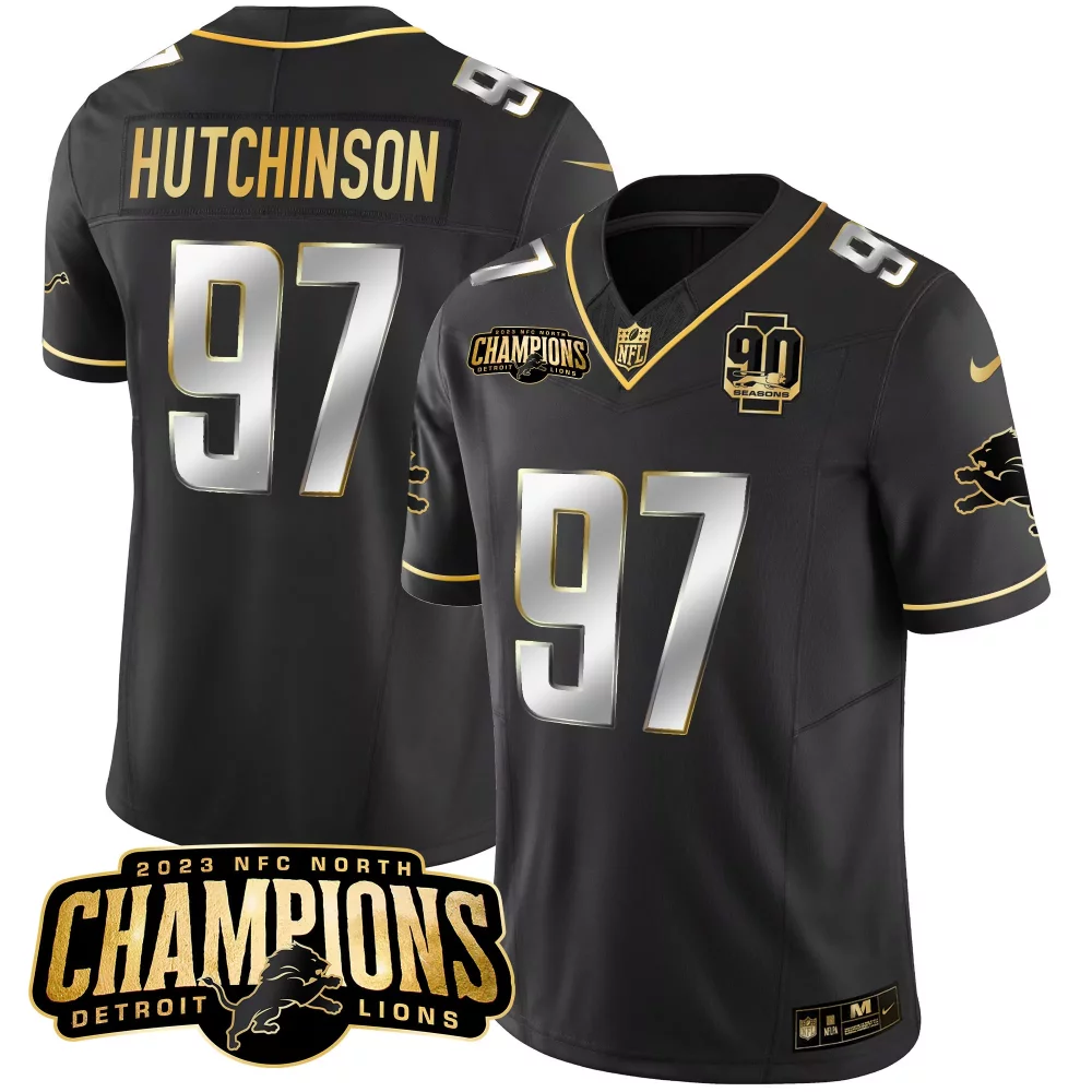 Aidan Hutchinson 97 Detroit Lions Jersey Black 2023 NFC North Champions 90 Seasons