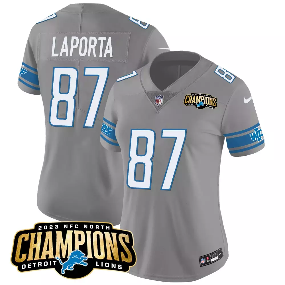 Sam Laporta 87 Detroit Lions Jersey Gray 2023 NFC North Champions Women Game Blue