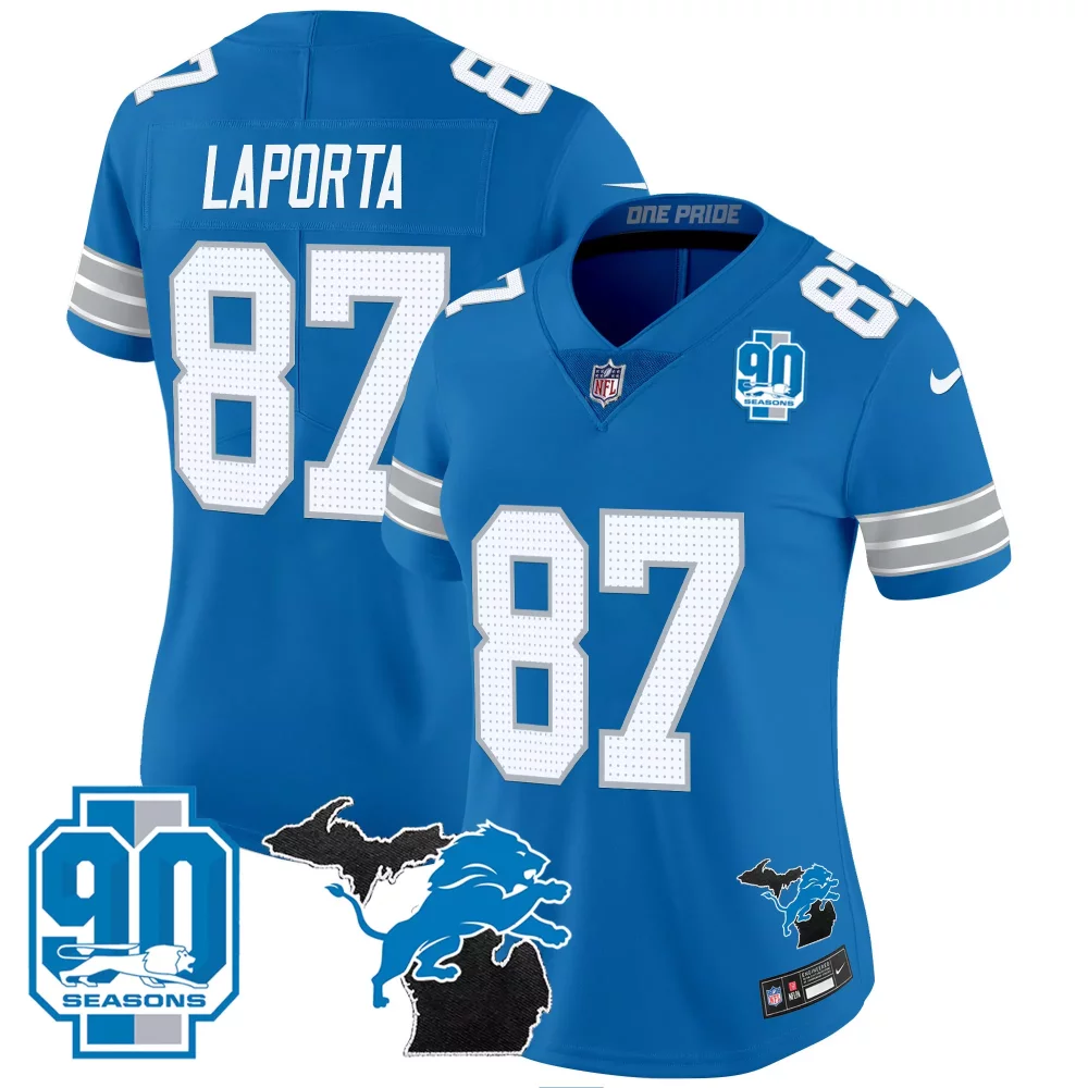 Sam Laporta 87 Lions Jersey Blue 90 Seasons Men Official White Silver Vapor All Stitched
