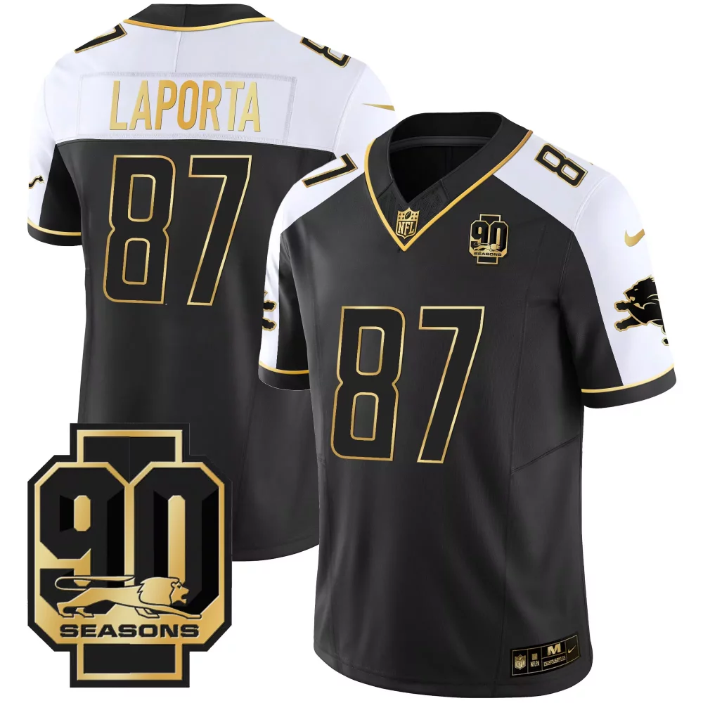 Sam Laporta 87 Lions Jersey Black 90 Seasons Men White Gold Alternate All Stitched