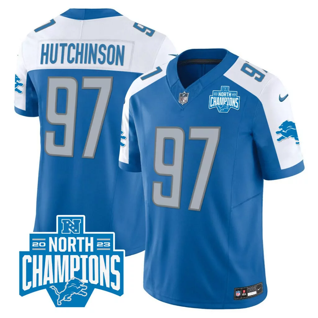 Hutchinson Division 97 Jersey Blue North Champions Detroit Lions 2023 Men White Silver