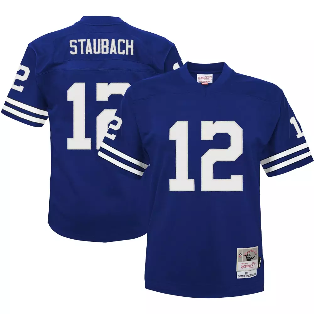Roger Staubach 12 Dallas Cowboys Jersey Royal Blue 1971 Mitchell Ness Men White Retired