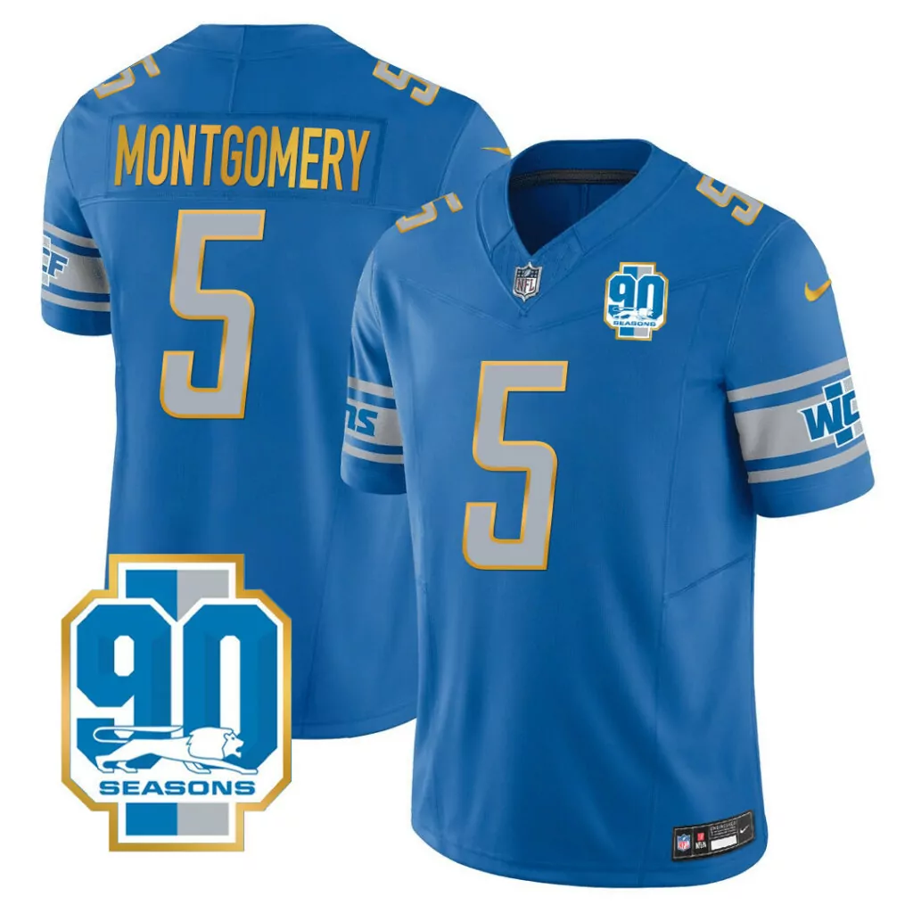 David Montgomery 5 Lions Jersey Blue 90 Seasons Men Silver Yellow All Stitched