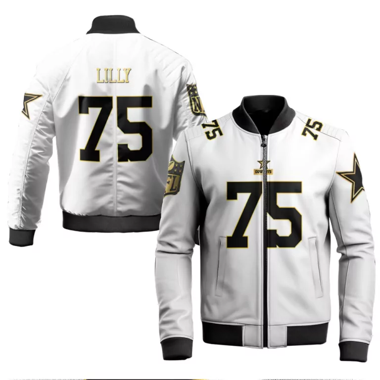 Bob Lilly 75 Dallas Cowboys Jersey White Men Bomber Jacket Black Gold Throwback Limited