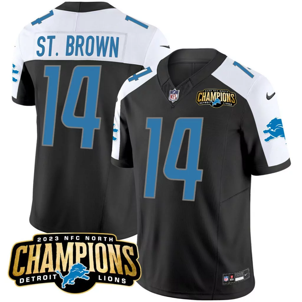 Aamaris Brown 14 Detroit Lions Jersey Black 2023 NFC North Champions Men Blue White