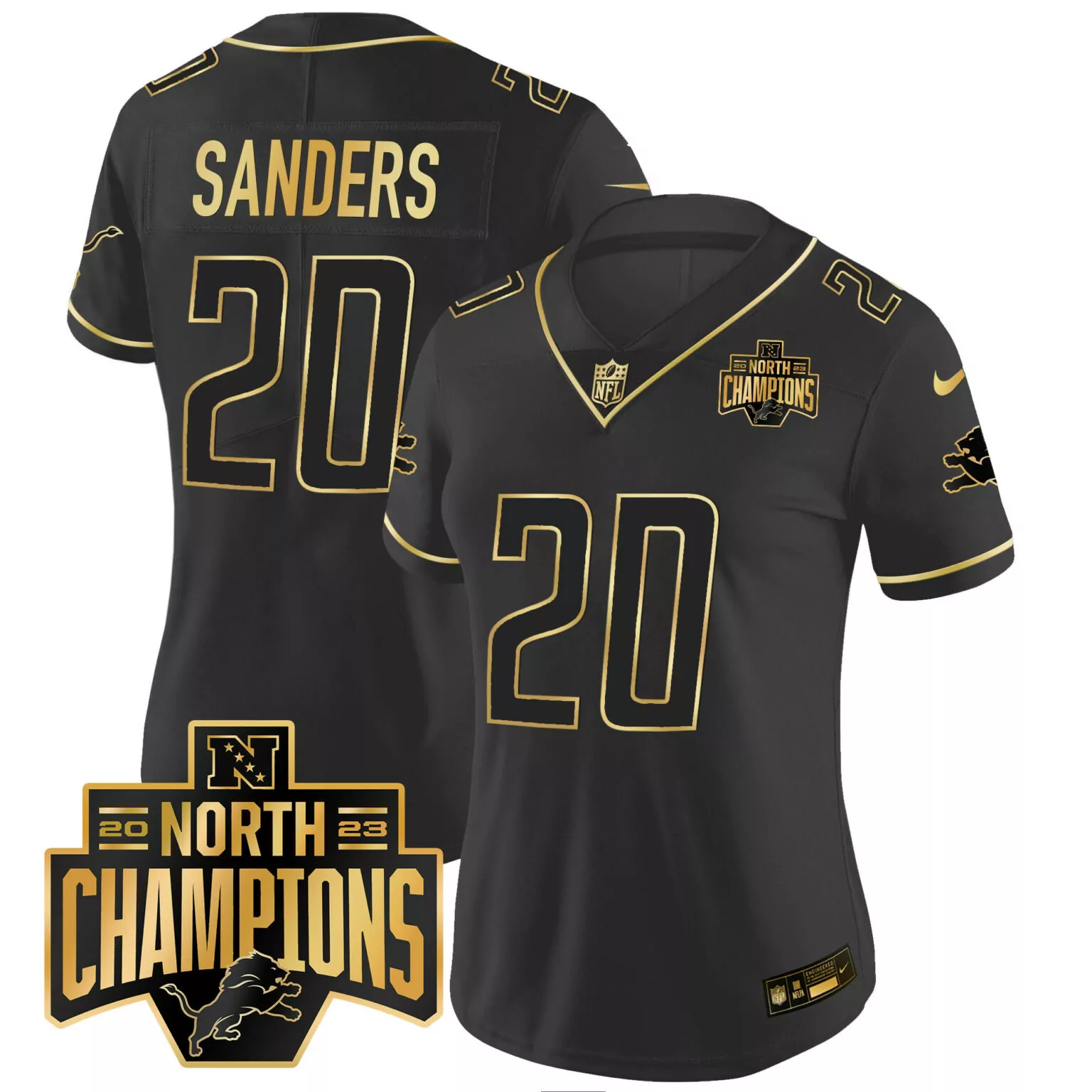 Barry Sanders 20 Lions Jersey Black 2023 NFL North Champions Men Gold Vapor All Stitched