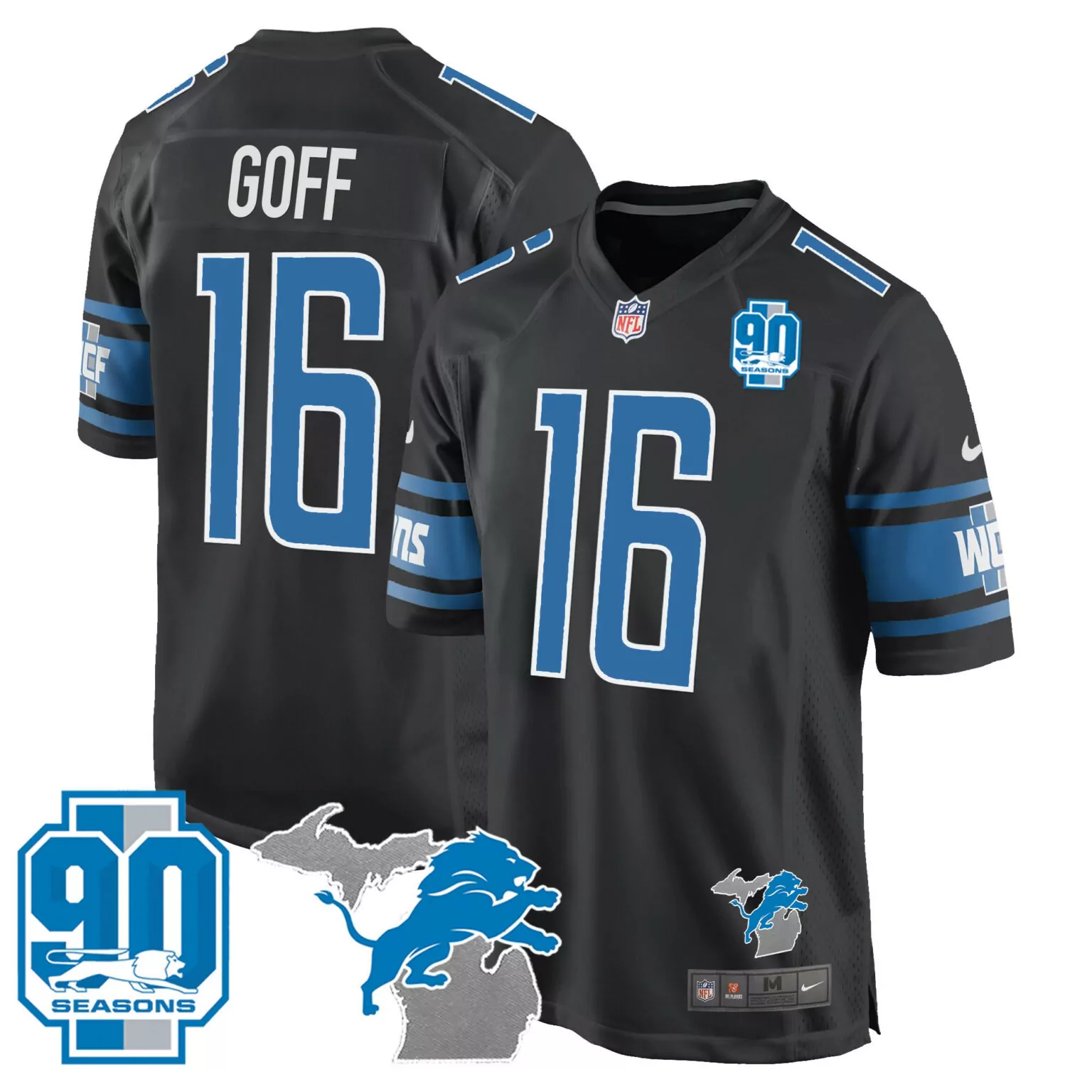 Jared Goff 16 Lions Jersey Black 90 Seasons Men Player Blue Game All Stitched