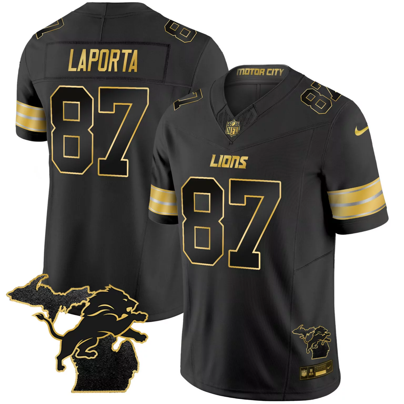 Sam Laporta 87 Lions Jersey Black Motor City Men Gold All Stitched