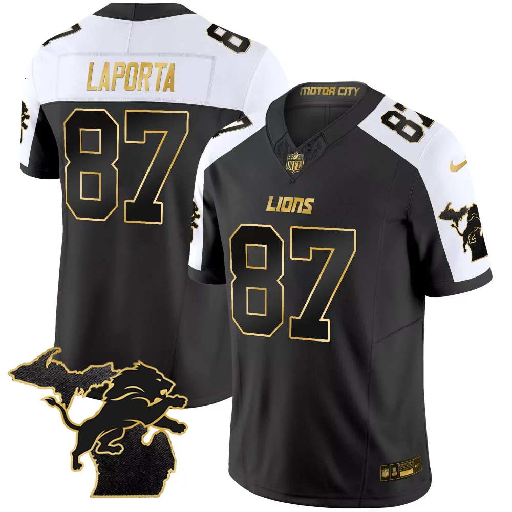 Sam Laporta 87 Lions Jersey Black Motor City Michigan Outline Lion Men White Gold