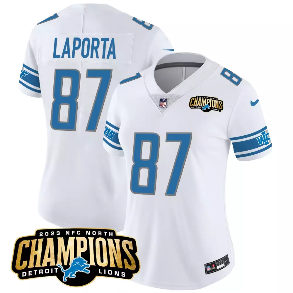 Sam Laporta 87 Detroit Lions Jersey White 2023 NFC North Champions Men NFL Blue Gray