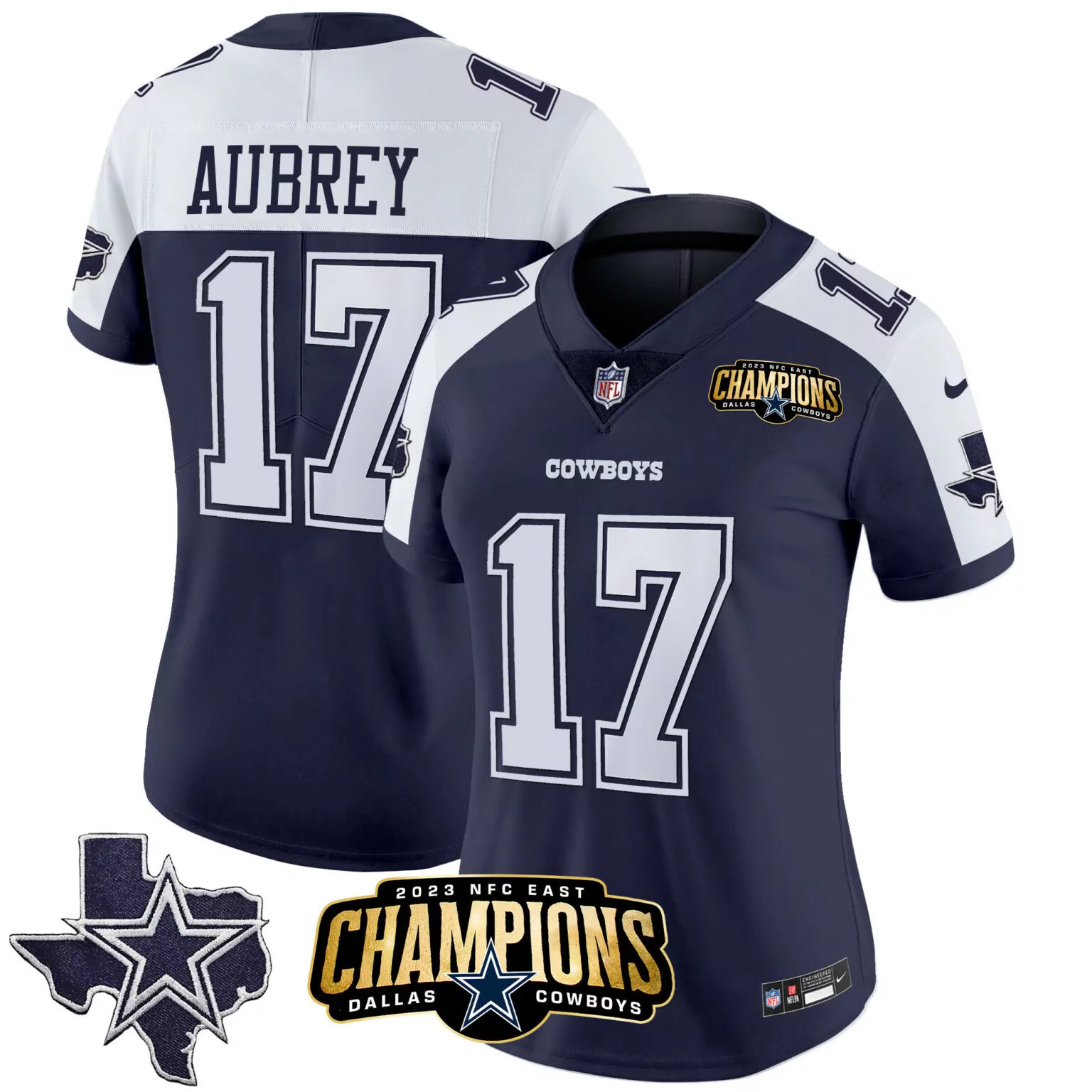 Brandon Aubrey 17 Cowboys Jersey Navy 2023 NFC East Champions Men Replica White Alternate