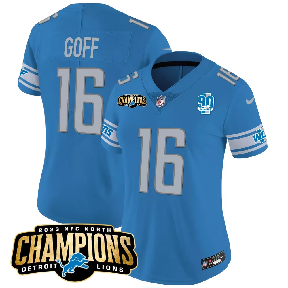 Jared Goff 16 Detroit Lions Jersey Blue 2023 NFC North Champions 90 Seasons Men NFL