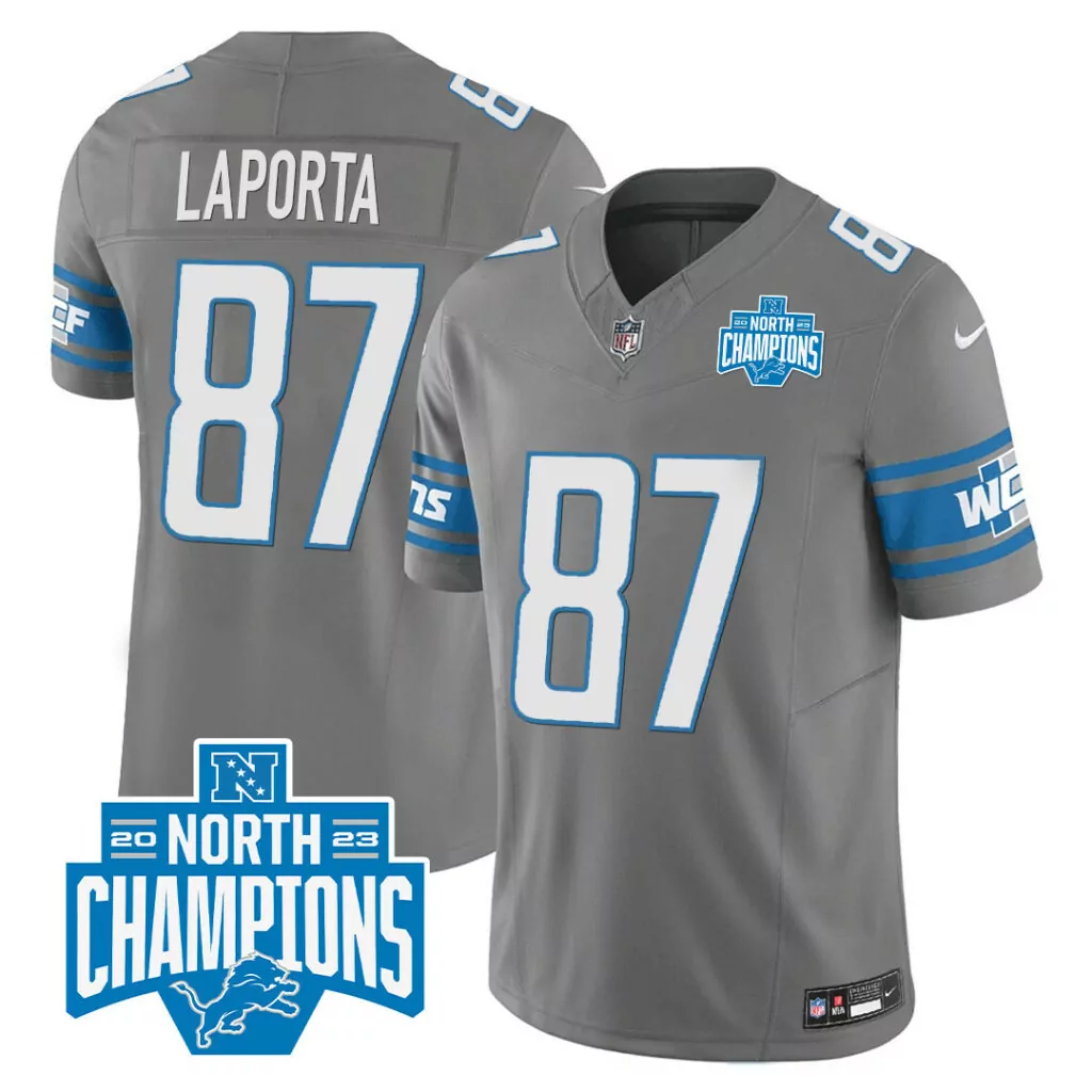 Sam Laporta 87 Lions Jersey Gray 2023 North Champions Men Player Blue White All Stitched