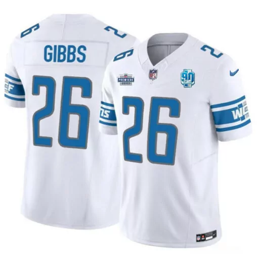 Jahmyr Gibbs 26 Lions Jersey White Premiere Men Replica Blue Anniversary Vapor Stitched