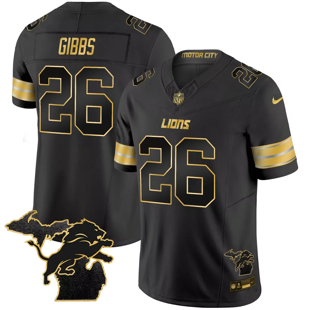 Jahmyr Gibbs 26 Lions Jersey Black Motor City Men Gold Vapor All Stitched