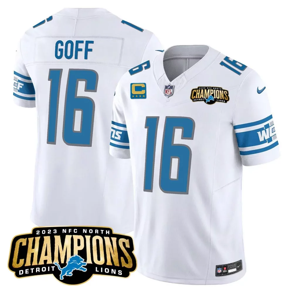 Jared Goff 16 Detroit Lions Jersey White 2023 NFC North Champions Men Replica Blue